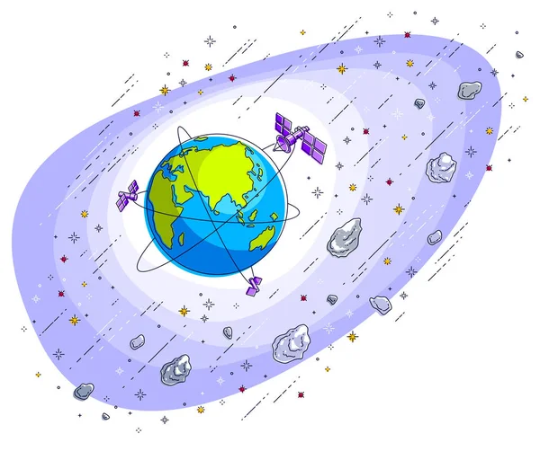 人工衛星 星やその他の要素に囲まれた空間で地球 — ストックベクタ