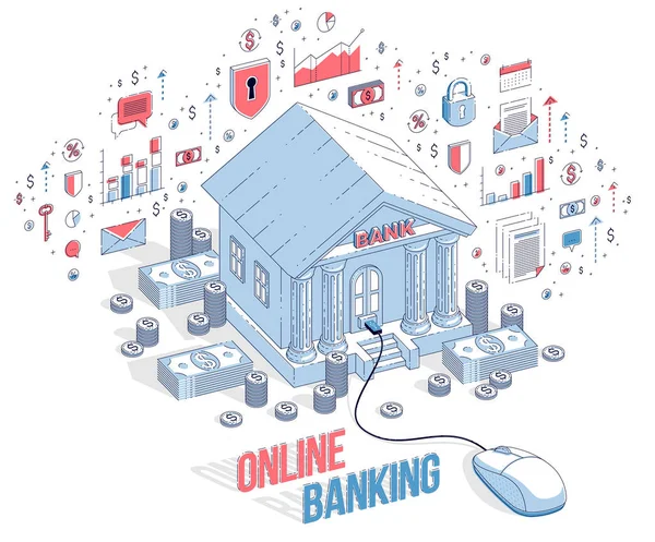 Online Banking Konceptet Bank Byggnad Med Computern Mus Ansluten Isolerad — Stock vektor