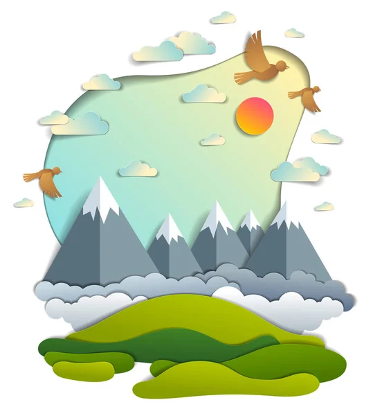 Walory Krajobrazowe Gór Szczyty Pochmurnego Nieba Ptaki Słońce — Wektor stockowy