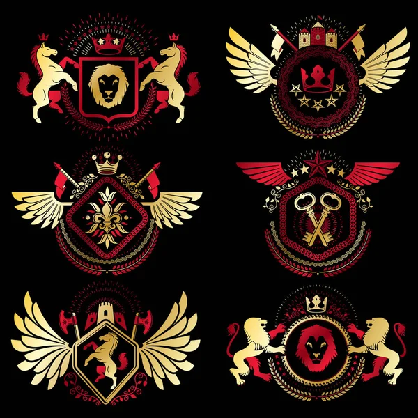 Kolekcja Herbów Heraldyczne Dekoracyjne Elementy Vintage Design — Wektor stockowy