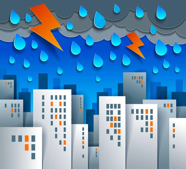 雷雨と稲妻漫画イラストの下で都市の景観 — ストックベクタ