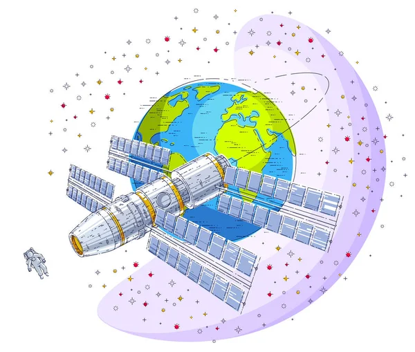 Rymdstationen Flyger Orbital Flygning Runt Jorden — Stock vektor