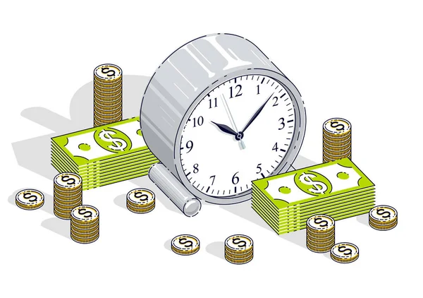 時間はお金の概念 現金お金のスタックと白い背景で隔離のコイン杭表時計です — ストックベクタ
