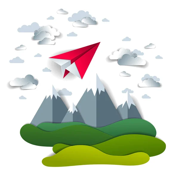 Бумажная Игрушка Оригами Летающая Небе Над Горными Вершинами — стоковый вектор