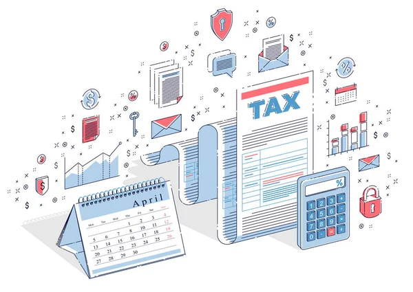 税概念 税表格或纸纸法律文件与计算器和日历查出在白色背景 — 图库矢量图片