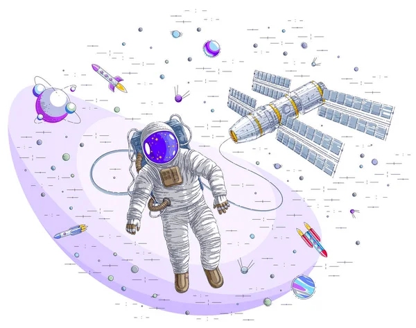 Astronaut Uitging Open Ruimte Verbonden Met Het Ruimtestation Iss — Stockvector