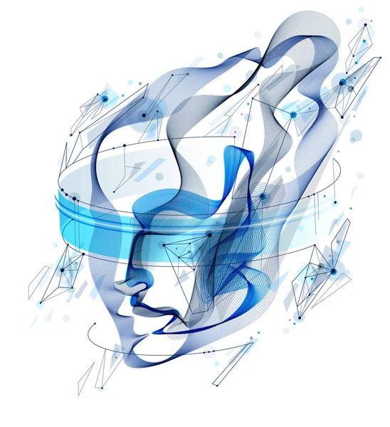 Τεχνητή Νοημοσύνη Εικονογράφηση Ανθρώπινο Κεφάλι Από Διάσπαρτα Μόρια Κύμα Γραμμές — Διανυσματικό Αρχείο