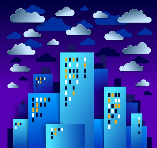 Ciudad Casas Edificios Bajo Lluvia Noche Corte Papel — Vector de stock