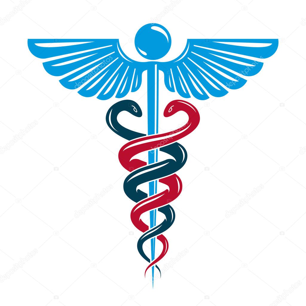 Caduceus symbol made using bird wings and poisonous snakes, healthcare conceptual illustration