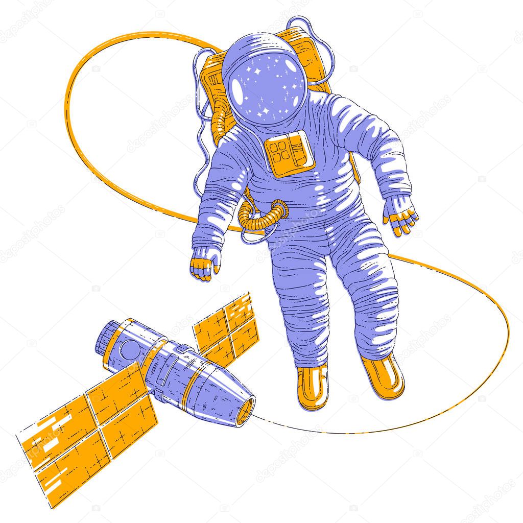 Astronaut went out into open space connected to space station, spaceman floating in weightlessness 