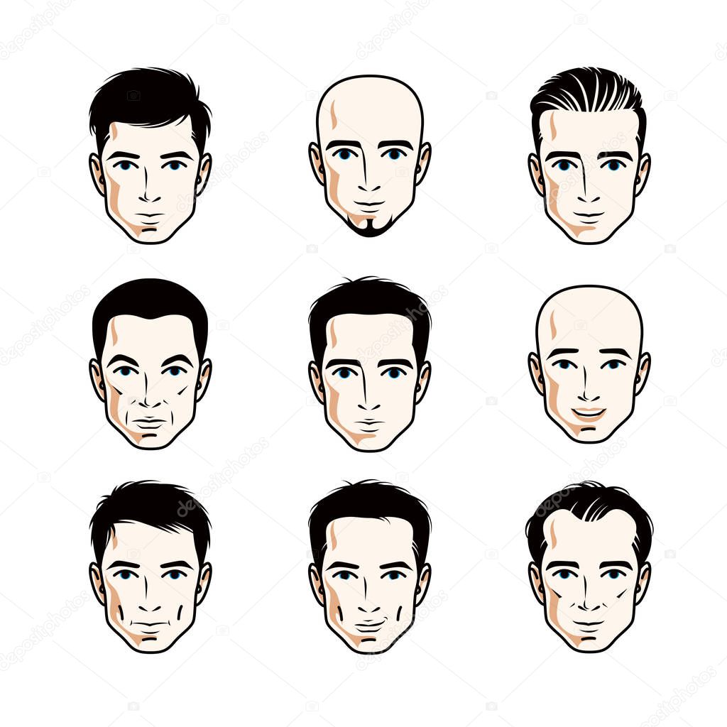 Different characters like brunet, bald, with whiskers or bearded, handsome males