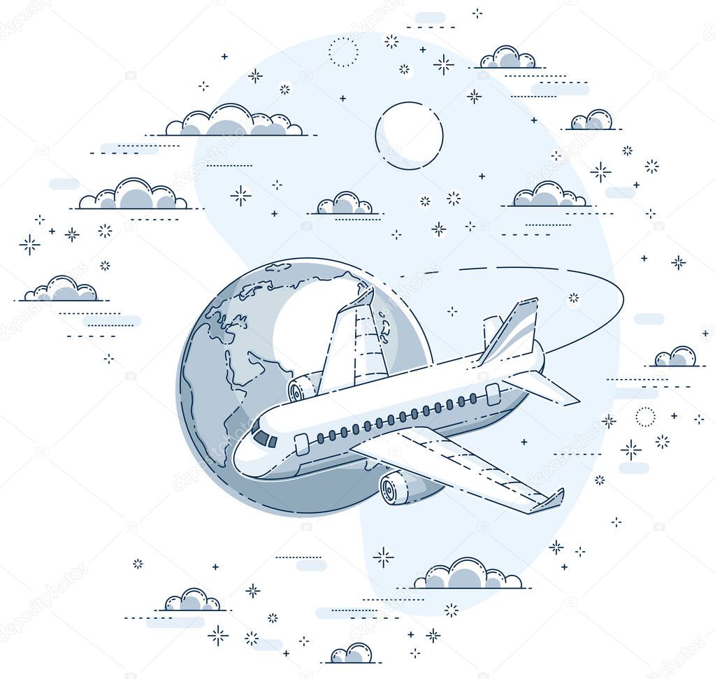 Plane airliner with earth planet in sky surrounded by clouds