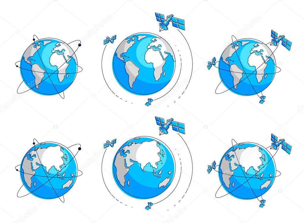 Global communication technology satellites flying orbital spaceflight around earth, spacecraft space stations with solar panels 