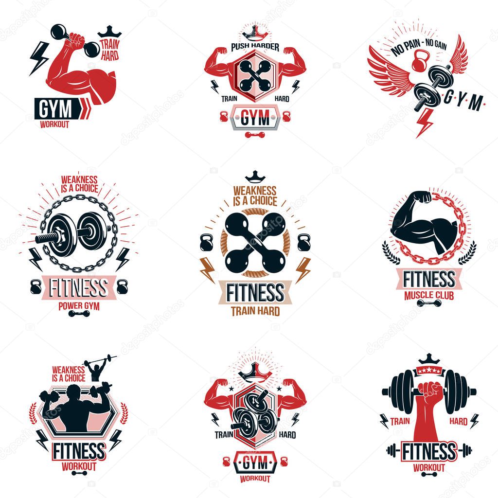 Set of vector cross fit and fitness theme emblems and motivational posters