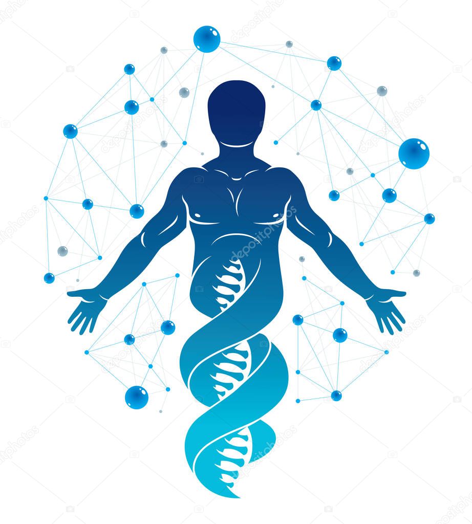 graphic illustration of human made as DNA strands continuation, individuality created with mesh wireframe connections