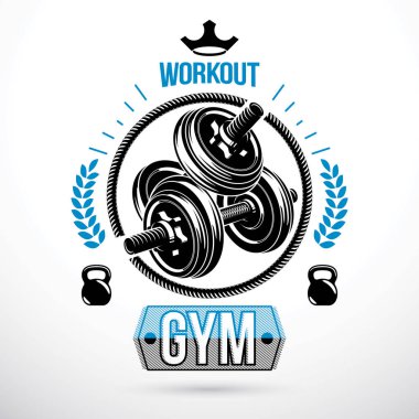 Vektör Spor donatımı, disk ağırlık ve su ısıtıcısı çan halterle. Halter Derneği amblemi