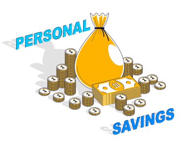 Kişisel Tasarruf kavramı, dolar desteleri ve bozuk paralarla dolu para çantası beyaz arka planda izole edilmiş. Isometric vektör iş ve finans illüstrasyon, 3D ince çizgi tasarımı.