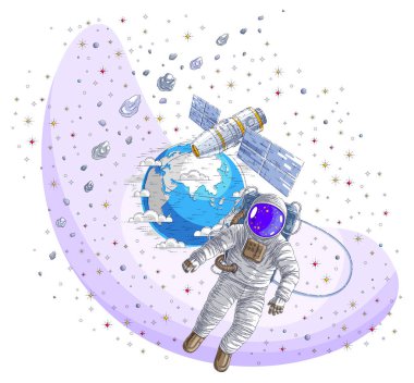 Açık alanda uçan astronot bağlı Uzay İstasyonu ve dünya gezegen arka planda, hafiflik ve ISS uzay aracı, yıldızlar ve diğer öğeleri içinde yüzen uzay giysisi içinde uzay adamı. İzole vektör.