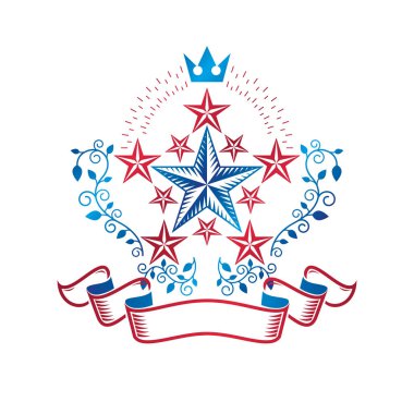 Eski Star amblemi Imperial crown ve çiçek süsleme ile dekore edilmiştir. Hanedan vektör tasarım öğesi, 5 yıldız sembolü Ödülü. Retro tarzı etiket, Hanedanlık armaları logosu.