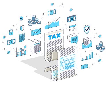 Vergilendirme konsepti, vergi formu veya beyaz arka planda izole edilmiş kağıt sayfası. Isometric 3d vektör finans resimlemesi simgeler, istatistikler ve tasarım elemanları ile.