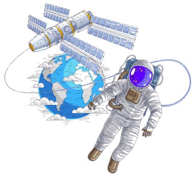 Açık alanda uçan uzaylı uzay istasyonu ve dünya gezegen arka plan, astronot adam veya kadın onun arkasında ağırlıksız ve ISS uzay aracı yüzen uzay giysisi içinde bağlı. Vektör.