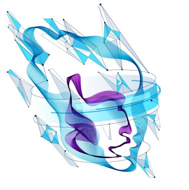 Noktalı parçacıklardan oluşan soyut sanatsal insan kafası portresi, Yapay Zeka vektör çizimi, yazılım dijital görsel arayüzü.