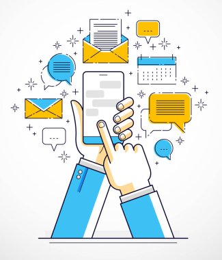 Internet iletişim ve etkinlik, eller, telefonları tutarak ve uygulamaları kullanarak küresel ağ, modern iletişim, messenger, online ödeme ve alışveriş, vektör tasarım adam.