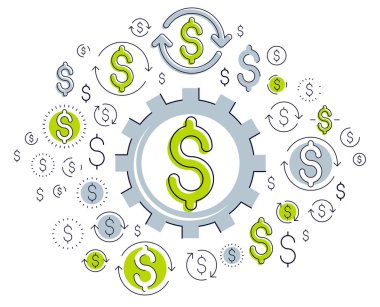 Ekonomi sistemi ve iş kavramı, dolar işareti ile dişli mekanizması ve simge seti, alegori tasarım sistematik iş ve finansal faaliyet, vektör çizim.