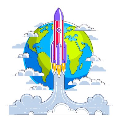 Roket keşfedilmemiş galaksiler keşfetmek için alanı Dünya'dan başlamak. Uzay Bilimleri ilginç evreni keşfedin. İnce çizgi 3d vektör çizim üzerinde beyaz izole.