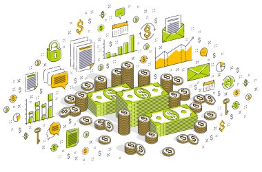 Nakit para doları yığınlar ve para kuruş kazık izole beyaz arka plan üzerinde. İzometrik 3d simgeleri, istatistik grafikleri ve tasarım öğelerini ile finans ve iş illüstrasyon vektör.