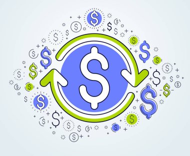 Dolar işareti ve döngü oku, para değişimi, yatırım, sigorta konsepti, geri ödeme, borsa, yeniden finanse, vektör tasarımı.