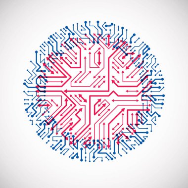 Vektör soyut teknoloji çizim ile yuvarlak kırmızı ve mavi devre kartı. Elektronik cihaz, çok yönlü oklar yüksek teknoloji dairesel dijital düzeni.