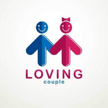Mutlu çift basit vektör logosu veya insanların oklar şeklinde geometrik işaretleriyle oluşturulmuş bir simge. Erkek ve kadının şefkatli ve sevgi dolu ilişkisi, sevgili ve sevgili..