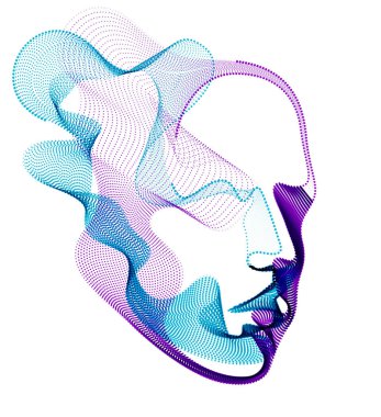 Dijital elektronik zamanın ruhu, insan kafasının yapay zeka vektör çizimi noktalı parçacıklar dalga çizgileri, parçacık akışı, makinenin teknolojik ruhu..