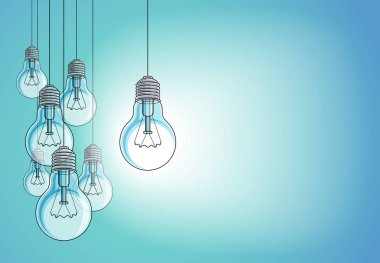 Ampuller güzel vektör illüstrasyonları, tek bir parlak fikir, fikir konsepti, farklı düşün, kalabalığın dışında dur, yaratıcı ilham. Metin için kopyalama alanı olan kompozisyon.