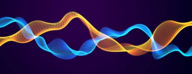 3D parçacıklar ağ dizisi, karanlığın üzerinde akan karşılıklı ses dalgası. Yuvarlak parlak noktalar vektör etkisi çizimi. Harmanlanmış ağ, gelecek teknolojisi duvar kağıdını rahatlatıyor.