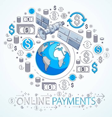 Simge seti, internet etkinliği, çevrimiçi ödemeler, elektronik iş konsepti, pazar yeri veya dükkan, vektör tasarımı içeren gezegen ve uydu yörünge uçuşları.