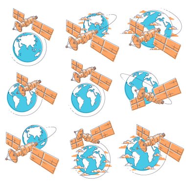 Uzay uçuşu, yörüngeli Uydular iletişim uzay istasyonu güneş panelleri ile uzay ve uydu anten plaka. İnce çizgi 3d vektör çizimler üzerinde beyaz izole ayarla.