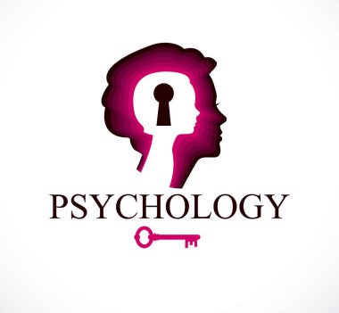 Psikoloji vektör logo kadın baş profil ve küçük çocuk kızla içinde anahtar deliği, iç çocuk, insan ve psişik sorunlar kavramı bir anahtarı oluşturdu. Terapi ve analiz kavramı.