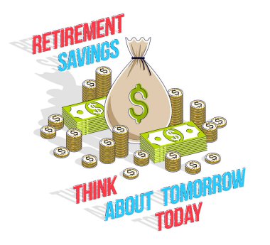 Emeklilik tasarruf kavramı, beyaz arka plan üzerinde izole nakit para dolar yığını ve sikkeler karikatür ile büyük para çantası. 3D izometrik iş ve finans illüstrasyon vektör, ince çizgili Tema.