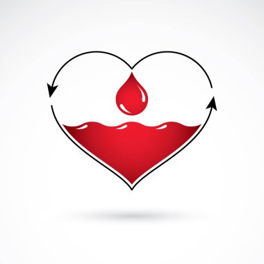 Vektör kırmızı kalp kan dolaşımını yazıt ile yön okları ile. Kan nakli metafor, tıbbi bakım amblemi kullanılmak üzere eczane.