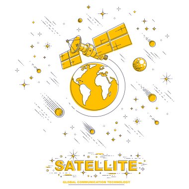 Dünya, uzay uçuşu, iletişim uzay uzay istasyonu ile güneş panelleri ve uydu anten plaka, meteor yağmuru ve yıldızlar altında çevresinde yörüngede uydu. Vektör.