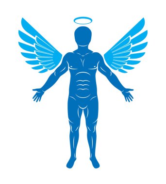 Melek gibi kuş kanatları ve haleler kullanarak yapılmış kaslı insanın vektör grafik çizimi. Koruyucu melek.