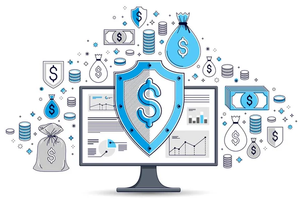屏蔽计算机监视器和美元图标集 互联网财务安全概念 在线财务保护 向量平面细线设计等 可分别使用 — 图库矢量图片