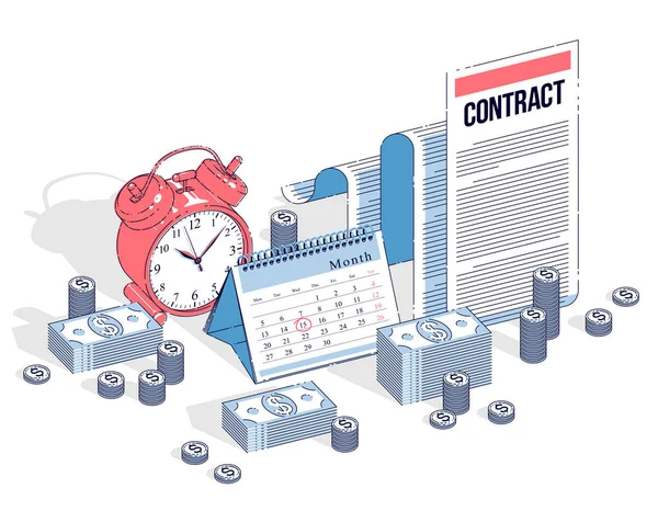 Deadline Concept Table Clock Calendar Cash Money Stacks Paper Contract — Stock Vector