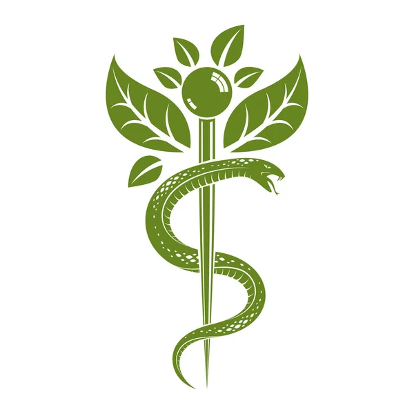 Ilustración Abstracta Vectorial Esculapio Creada Usando Serpientes Hojas Verdes Símbolo — Vector de stock