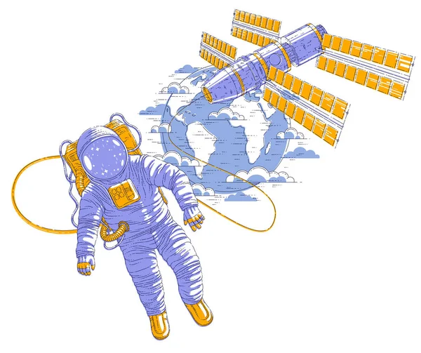 宇航员在空地上飞行 与空间站和地球行星在背景 宇航员在宇航服漂浮在失重和 Iss 航天器与太阳能电池板在他身后 — 图库矢量图片