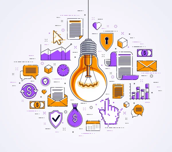 Lâmpada Brilhante Conjunto Ícones Ideia Negócio Conceito Criativo Alegoria Commerce —  Vetores de Stock