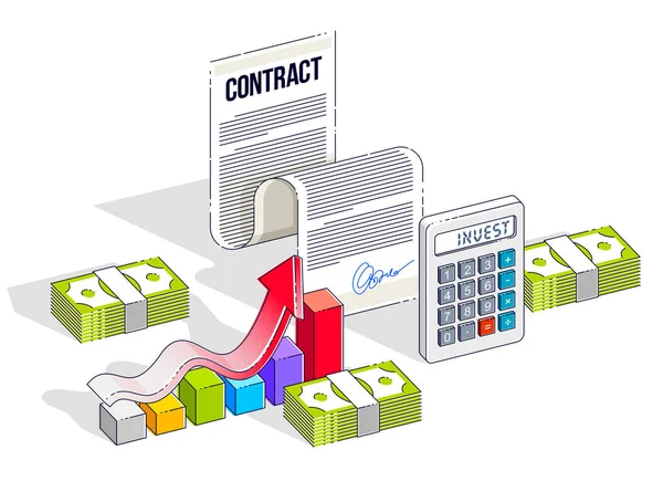 Conceito Contrato Financeiro Documento Papel Pilhas Dinheiro Dinheiro Com Calculadora —  Vetores de Stock