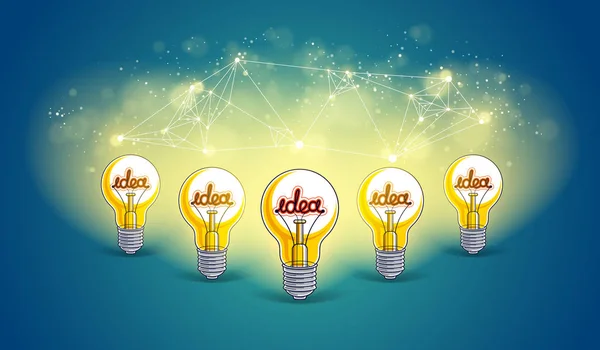 Creative Team Concept Group Five Shining Light Bulbs Represents Idea — Stock Vector